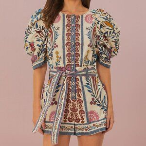 Farm Rio Romantic Lightness Puff-Sleeve Belted Romper, Size S, New with Tag